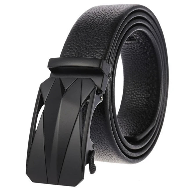 Men's black textured leather ratchet belt with a matte black geometric automatic buckle - BeltBuy