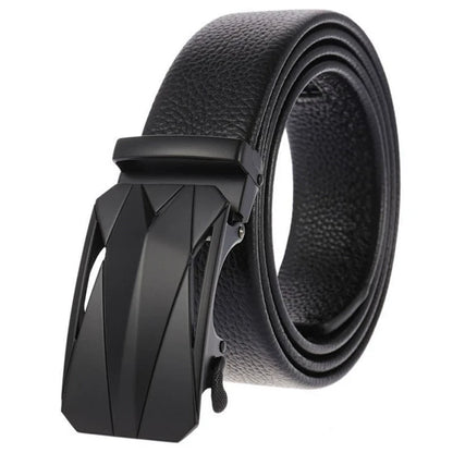 Men's black textured leather ratchet belt with a matte black geometric automatic buckle - BeltBuy